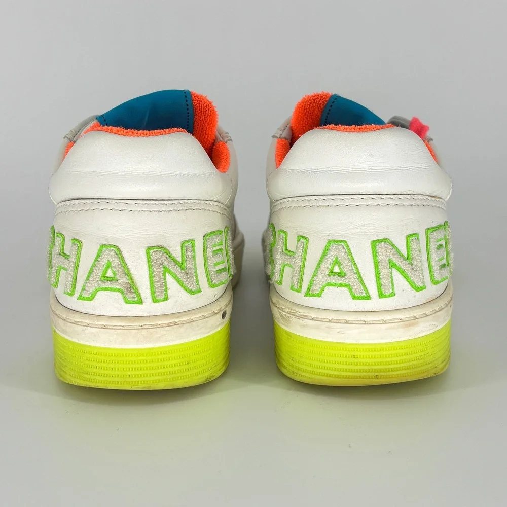 Chanel Calfskin Logo Low Top Sneakers White Neon Women Size 39 Leather Colorful